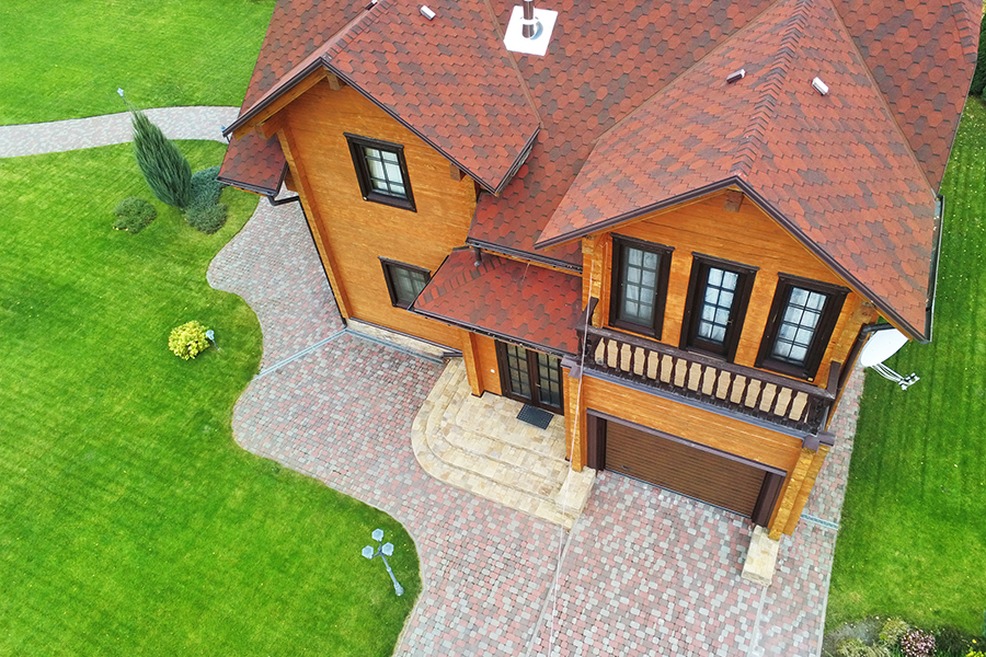 Aerial drone photo looking down on the roof of a home.